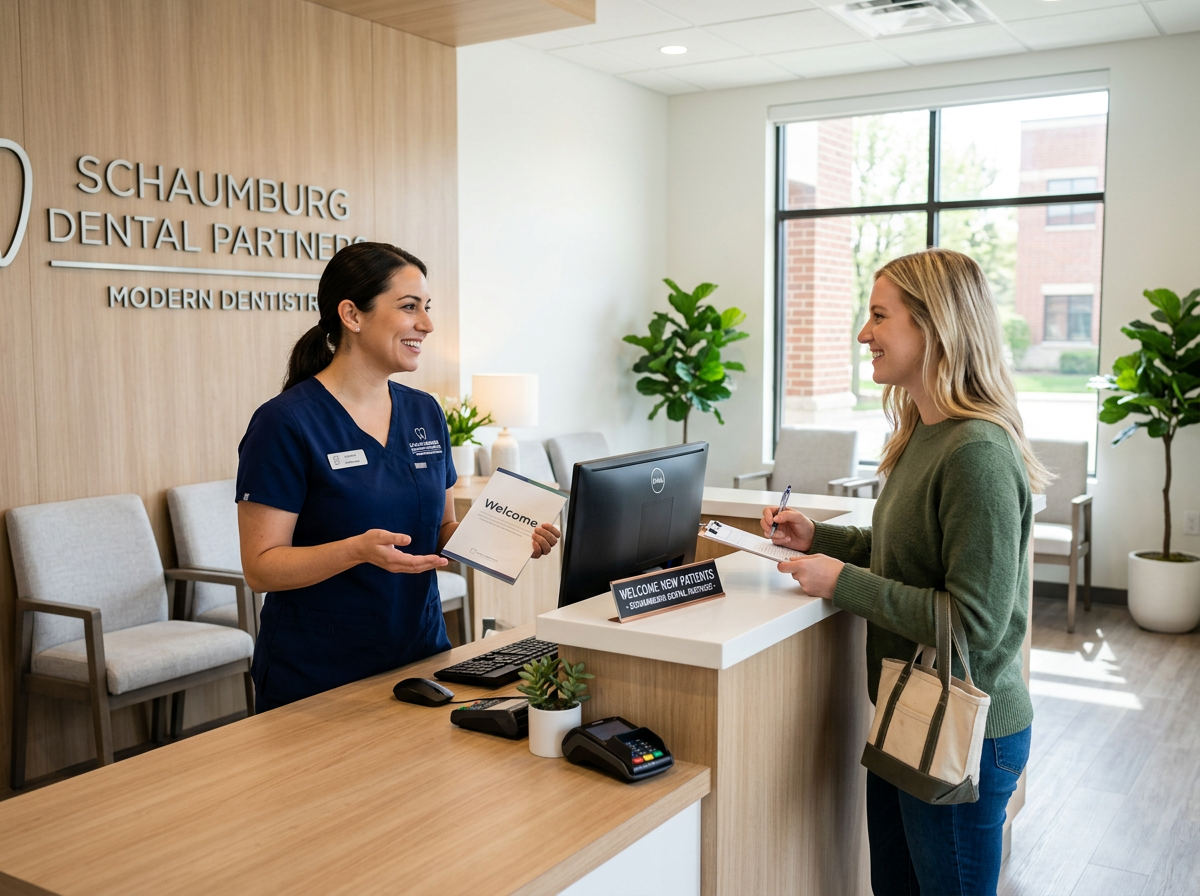 Friendly receptionist greeting new patient at wooden desk