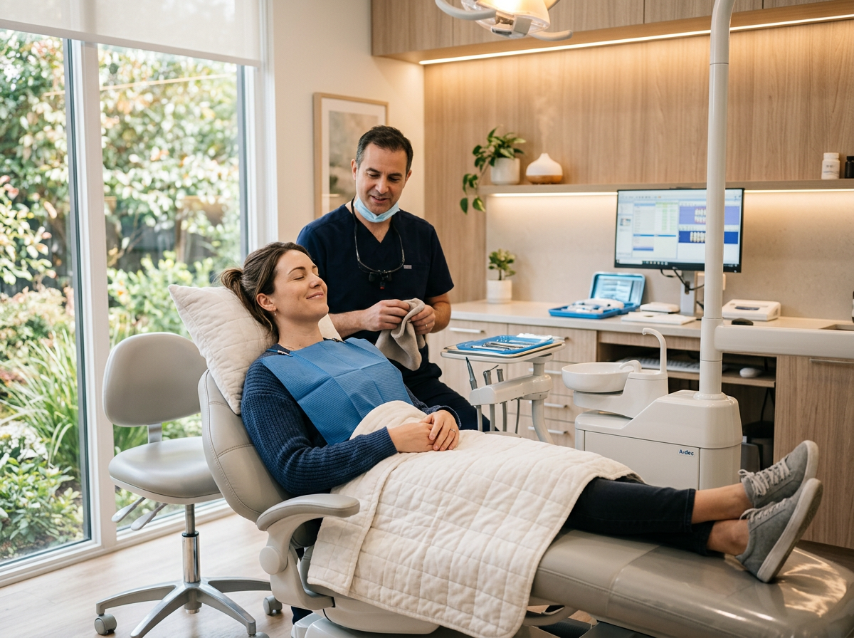 Patient resting comfortably in modern dental chair